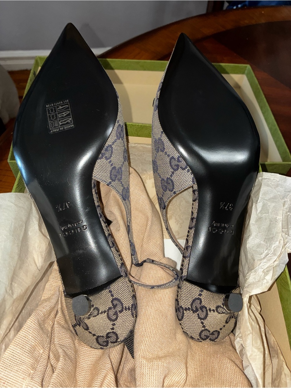 NWT Gucci Women's Slingback Pump with Horsebit Beige Blue GG Canvas Heel 37.5 - Picture 8 of 10
